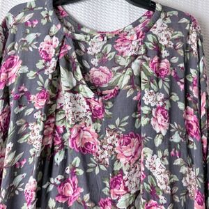 Kori America Tunic Top Women XL Gray Pink Floral Bell Sleeve Peasant Babydoll